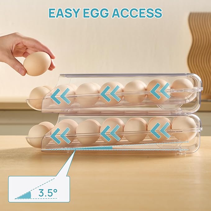 Vtopmart Clear Plastic Egg Holder for Fridge, Automatic Rolling Egg Container for Refrigerator, Stackable 14-Count Eggs Organizer with Removable Inner Tray, Fridge Organizers and Storage, 2Pack