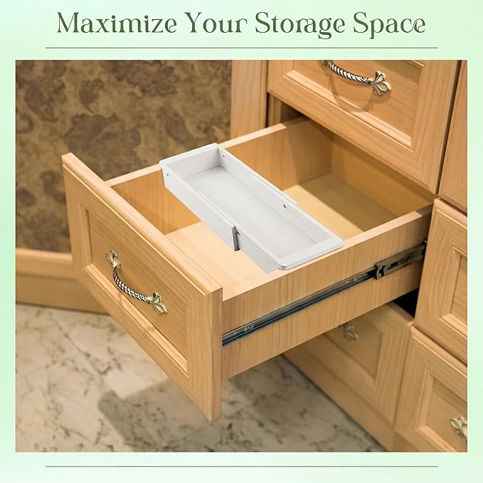 2 Pcs Sliding Drawer Organizer Bin Bamboo Drawer Expandable Bins Utensil, White