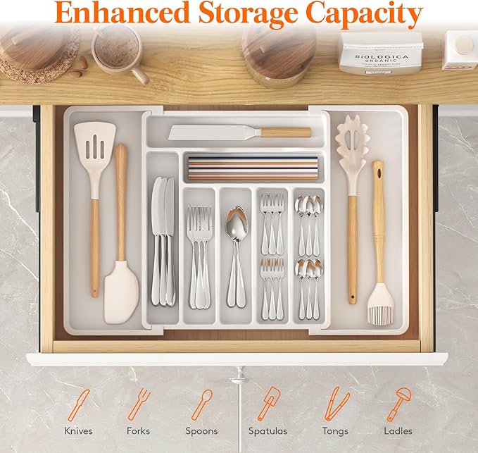 Utensil Organizer for Kitchen Drawer, Expandable Cooking Silverware Tray, White