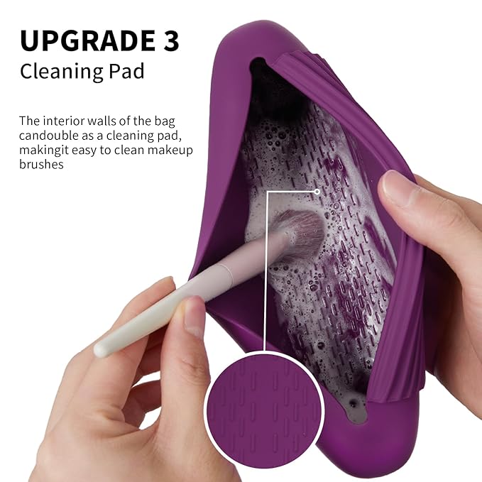 AGIKET 2 IN 1 Silicone Makeup Brush Holder with Beauty Make Up Sponge Holder Case：Soft Portable Cosmetic Face Brushes Holder with Upgrade Anti-Fall Out Magnetic Closure - Dark Pruple