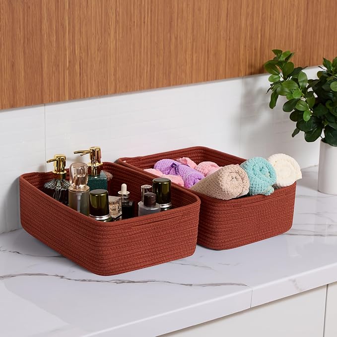 MiniArk Large Shallow Organizing Baskets 15x11x5.1 Inches - Rope Woven Storage Bins for Bathroom, Shelves, Cube Closet, Red 3 Packs