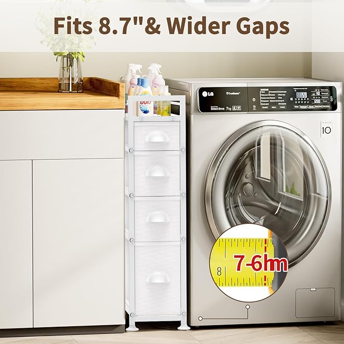4 Drawer Narrow Slim Cabinet Skinny Storage Tower Chest, White