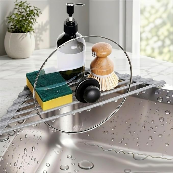Credon Triangle Roll Up Dish Drying Rack, Foldable Anti-Slip Kitchen Sink Drainer Organizer, Silicone Coated Stainless Steel Frame, Multipurpose Over Sink Corner Caddy for Space Saving (Grey)
