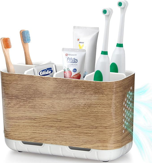 Toothbrush and Toothpaste Holder Wood Grain for Bathroom Countertop