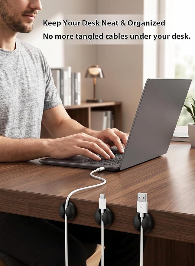 Shintop Cord Organizer, 6 Pack Black Charger Holder Cable Clips Wire Clips for Organizing Desk Nightstand Car Phone Charger