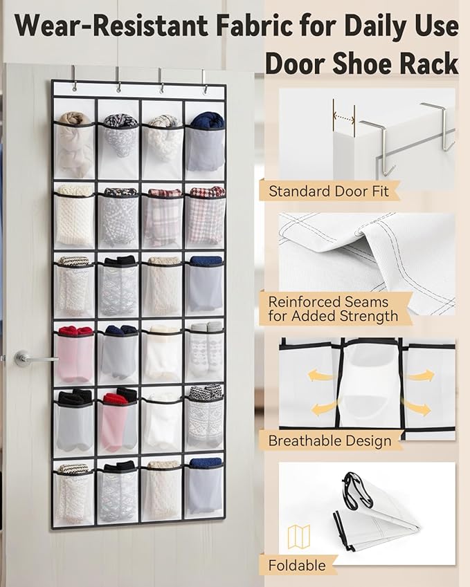 dodowin Over the Door Shoe Organizers, 2 Pack, Each with 24 Deep Mesh Pockets & 4 Metal Hooks, Over The Door Shoe Rack Space Saving Hanging Storage Holder for Closets, Shoes & Accessories, White