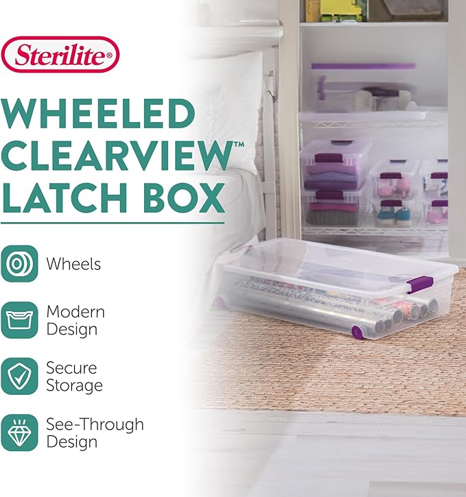 Sterilite 4-Pack 60 Quart ClearView Latch Box, Wheeled Organizer Bins with Latching Lids - Clear Plastic Organization Containers for Closet, Bedroom, Shelving Units and Everyday Home Storage
