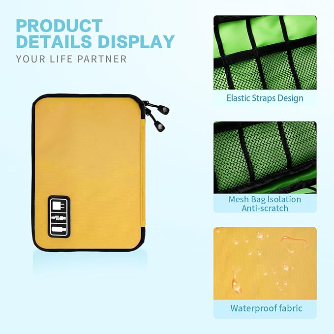 Lcsmaokin Electronics Travel Organizer,Portable Waterproof Electronic Travel Storage Bag for Small Charging Cord Storage,Charger,SD Card etc,for Travel,Business-Yellow Green
