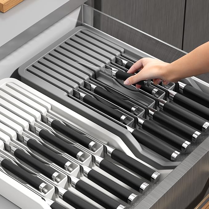 Expandable Drawer Knife Insert Organizer - Plastic Knife Storage Tray for Kitchen Drawers, Adjustable to Fit 11 Knives, BPA-Free, Ventilated, Space-Saving, Easy to Clean