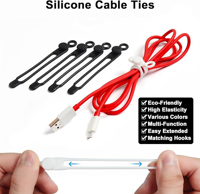48Pcs Cord Organizer Kit, Reusable Silicone Cable Ties, Strong Adhesive Cable Clips for Cable Management, Multipurpose Wire Management for Bundling and Fastening Various Wires (Black, White)