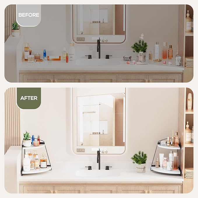 Puricon Bathroom Counter Organizer, 2 Tier Corner Countertop Storage Shelf Bathroom Sink Organizer, Wood Triangle Bathroom Organization for Skincare Kitchen Vanitity -White