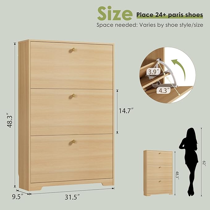 Nicetree Shoe Storage Cabinet, Slim Shoe Cabinet, Hidden Shoe Rack Cabinet, Shoe Storage Cabinet for Entryway, Hallway, Foryer, Natural Oak