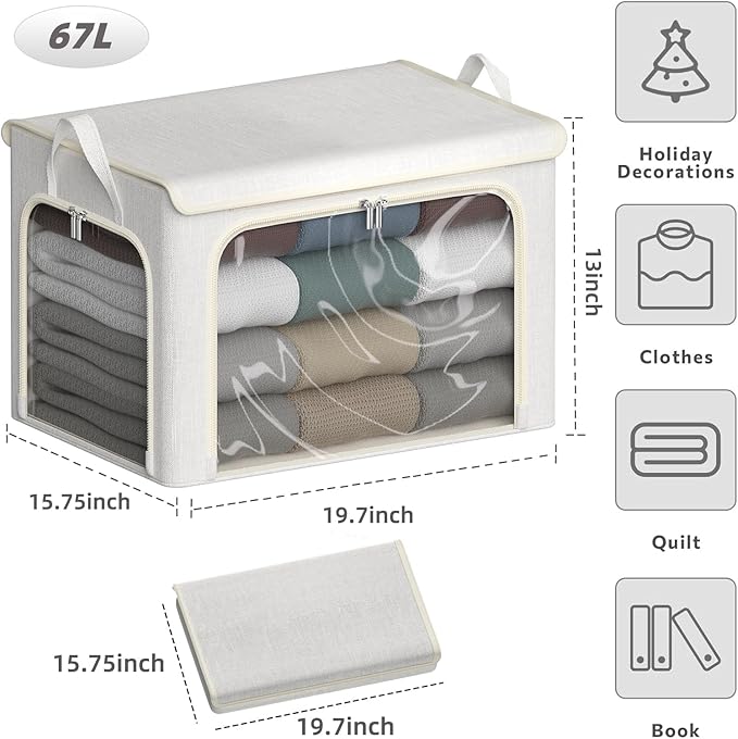 4 Pack Clothes Storage Bins with Metal Frame - 66L Stackable Storage Box with Lid，Foldable Storage Container Organizer for Clothes，Linen Fabric Storage Box with Clear Window＆Zippers＆Handles