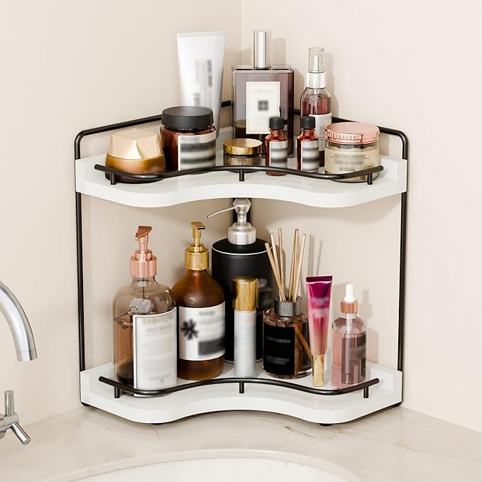2-Tier Corner Bathroom Counter Organizers, Stable Wood Vanity Shelf for Perfume, Skincare & Makeup, Larger Size Countertop Organizer and Storage for Bathroom, Kitchen and Dresser(White)