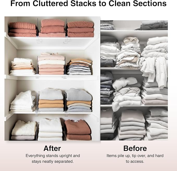 SortNStore Shelf Dividers Purse Organizer for Closet: 16-Pack Acrylic Bag Storage Organizer for Handbags, Clutches, Clothes, Sweater, Towel on Wood Shelves