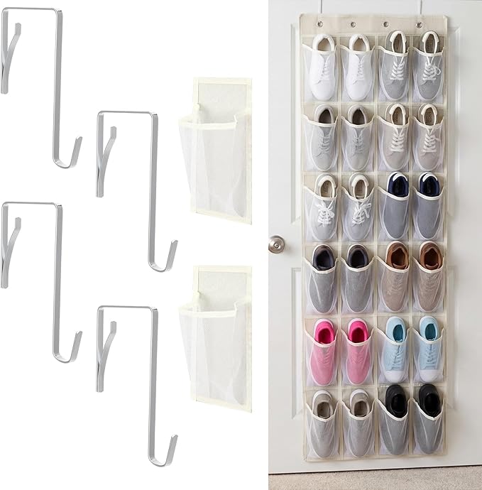 Over the Door Shoe Organizer Cotton Material 24 Large Breathable Mesh Pockets