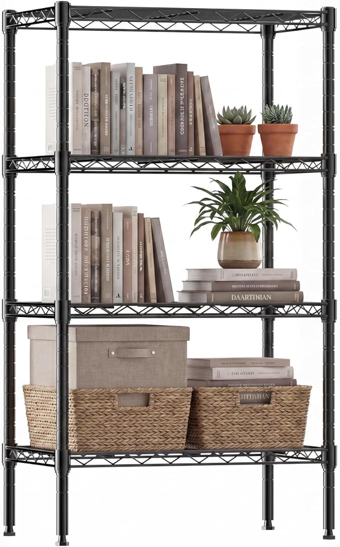 DUMOS 4-Tier Metal Wire Storage Shelves, Adjustable Standing Storage Rack Shelf, Heavy Duty Steel Shelving Unit Organizers for Kitchen Bathroom Pantry Garage, 23.2" W×13.4" D×47.1" H, Black