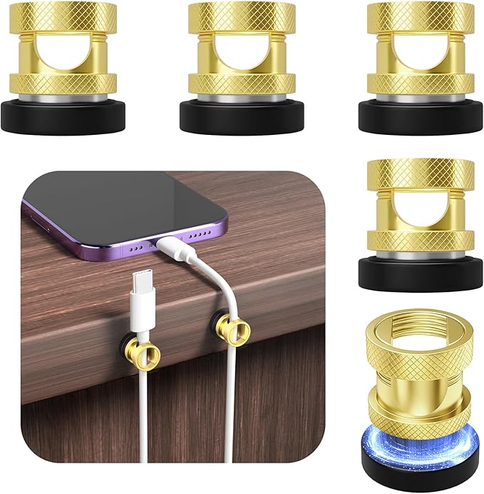 Maveek Magnetic Cord Clips 6 Pack, Wire Organizer Metal Cable Clips Adhesive Cable Management For USB Charging Cords, Desk Office Car Dash Cam Nightstand (Premium Gold Edition)