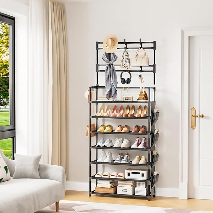 OYREL Shoe Rack 7 Tier Shoe Organizer Storage 21-28 Pairs Closet Shoes Rack for Front Door Entrance Shoe Rack Organizer with Hooks Side Pocket Entryway Large Capacity Shoe Shelf Tower Garage