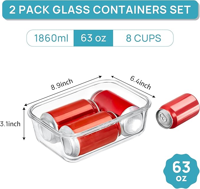 Vtopmart 2Pack 1860ml/63oz Large Glass Storage Containers with Lids, Meal Prep Food Container Set with Snap Airtight Lid for Baking, Microwave, Oven, Leak Proof, for Freezer, Dishwasher, Blue