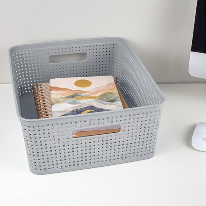 6-Pack Short Basket, Woven Plastic Storage Baskets for Organization, Cement