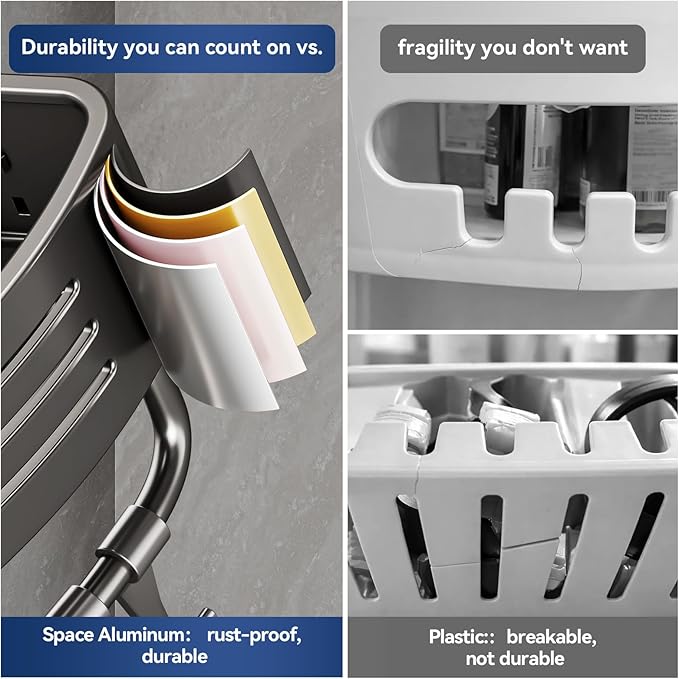 Corner Shower Caddy Suction Cup – Rustproof Aluminum Triangle Shelf with Hooks & Towel Bar, Laungborf No-Drill Wall Storage for Bathroom Kitchen Laundry (Matte Gray, 2 Pack)