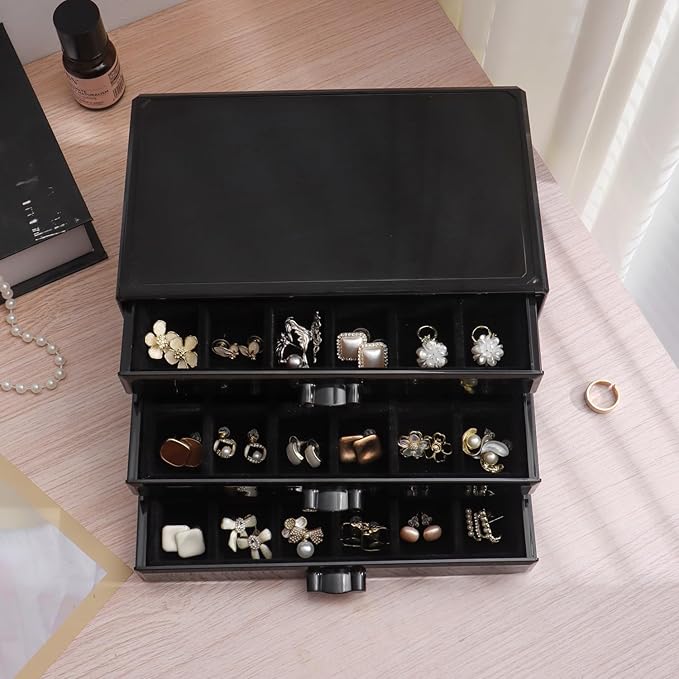 YUFONG Earring Organizer Box Acrylic Jewelry Organizer with 3 Drawers 54 Adjustable Grids Clear Stackable Earring Holder Velvet Trays Ring Display Case for Women Girls (Black Black)