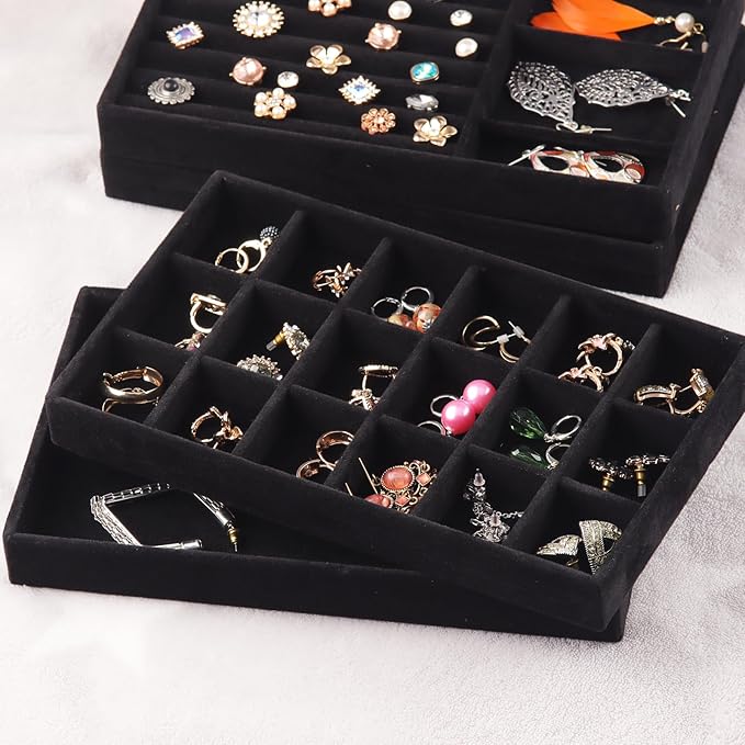 Set of 8 Velvet Jewelry Drawer Organizer Inserts, Stackable Trays with Removable Dividers, Earring and Ring Holder Display for Dresser, Storage Case for Necklace Bracelet Watch - Black