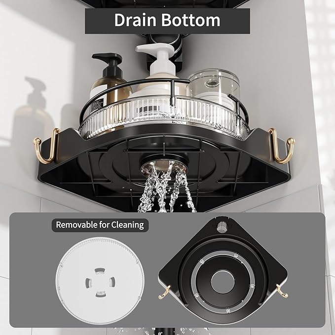 akinbas Shower Caddy Tension Pole with 4 Lazy Susan Organizer 360 Rotating 35-128 Inch No Drilling Floor Standing Shelves Adjustable Shower Rack for Bathroom Corner (Black)