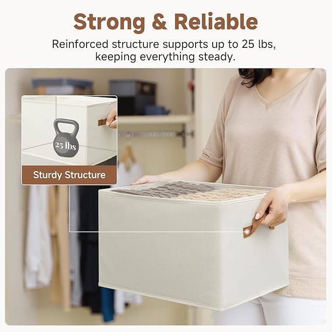 StorageWorks Foldable Storage Bins with PU Handles, Closet Storage Baskets, Fabric Bins for Clothes Storage, Ivory White, 3-Pack, Extra Large