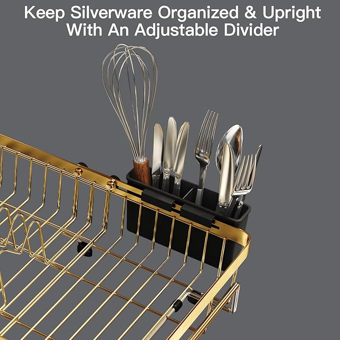 MAJALiS Gold Dish Drying Rack Over The Sink, Expandable Stainless Steel Dish Drainer for Small Kitchen Counter Space Saving, RV Compact Plate Strainer in Metal with Hanging Adjustable Utensil Holder