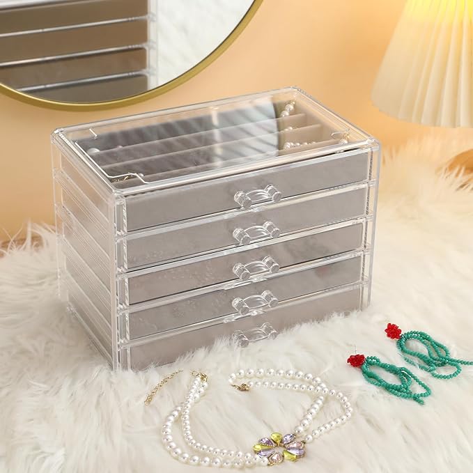 5 Drawerss Necklace Organizer Box, Tray with Clear Lid, Dustproof Velvet Necklaces Holder Storage Display Case, Gery Necklace Tray Drawer Insert for Pendant Suitable for Women and Girls (25 grids)
