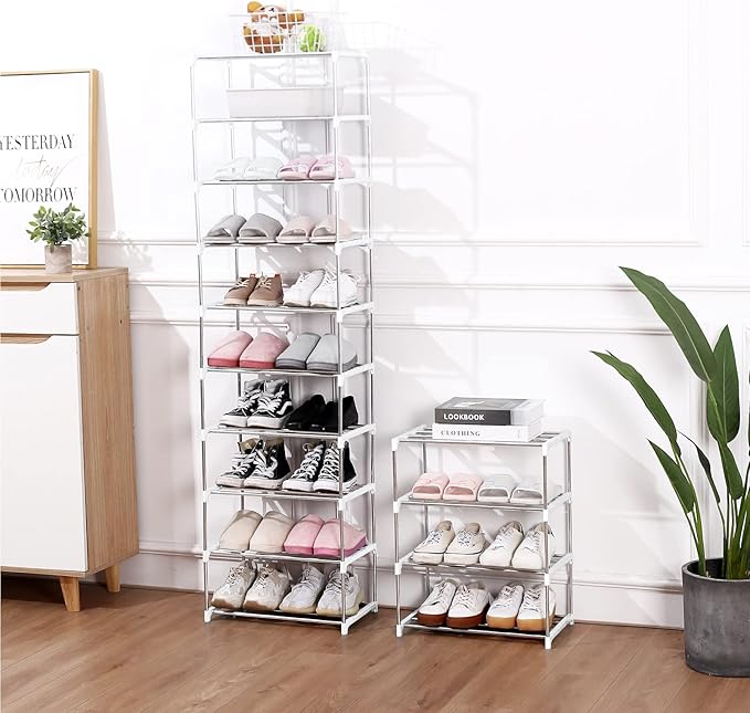 Jucaifu Stackable Small Shoe Rack, Entryway, Hallway and Closet Space Saving Storage and Organization (3-Tier, White)