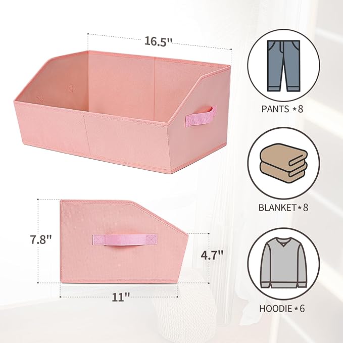 Homsorout Closet Baskets for Shelves Trapezoid - Decorative Storage Baskets with Handle, Closet Bins for Organization, Shelf Storage Bins for Clothes, Books, Home, Office, 6 Pack, Pink