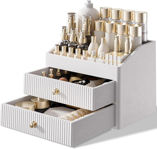 Makeup Organizer Countertop, Leather Makeup Storage with 2 Drawers