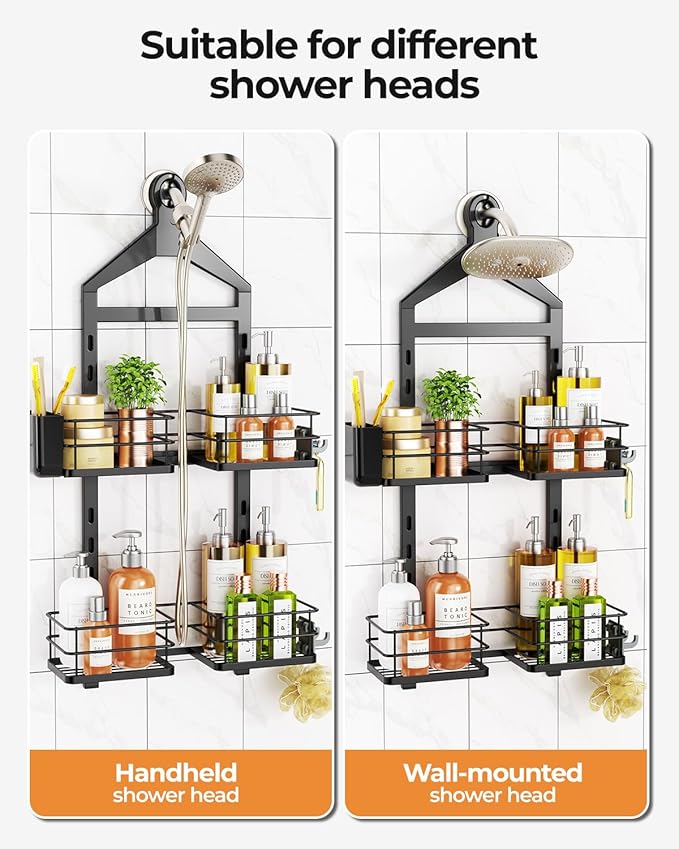 ODesign 2 Tier Height-Adjustable Shower Caddy Hanging Anti-Swing-Over The Shower Head Caddy Storage Organizer Bathroom Shelves Basket-Black