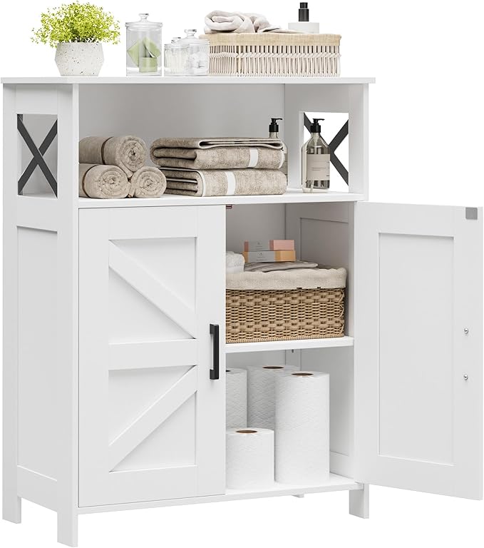Homhedy Farmhouse Bathroom Storage Cabinet with 2 Doors, Toilet Paper Cabinet with Adjustable Shelf, Small Bathroom Cabinet for Kitchen/Laundry/Living Room, 11.8 x 23.6 x 31.5 Inches, White