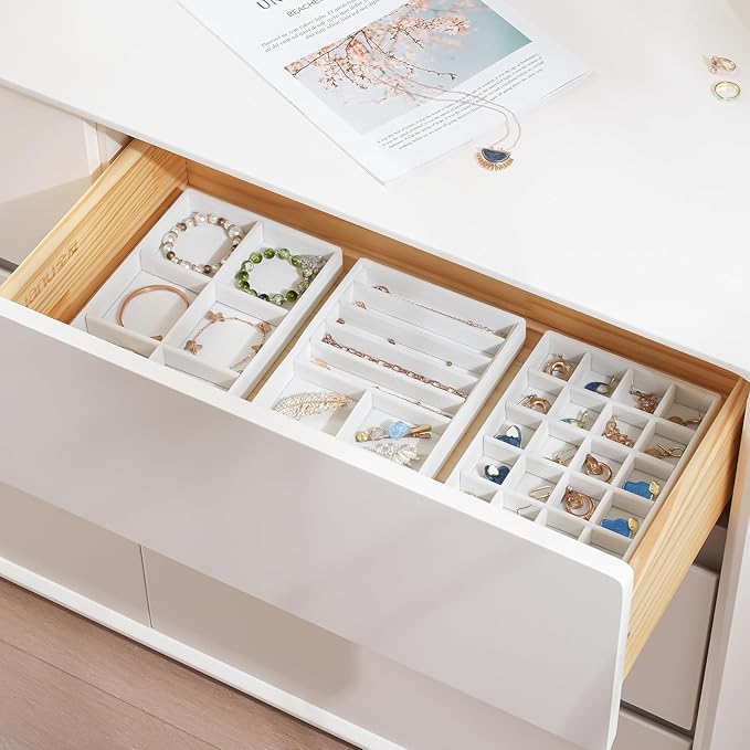 ProCase Stackable Jewelry Organizer Trays for Drawers, Jewelry Drawer Inserts Container Display Case Storage for Earring Necklace Rings Bracelet with Removable Dividers -Warmwhite, 6 Layers