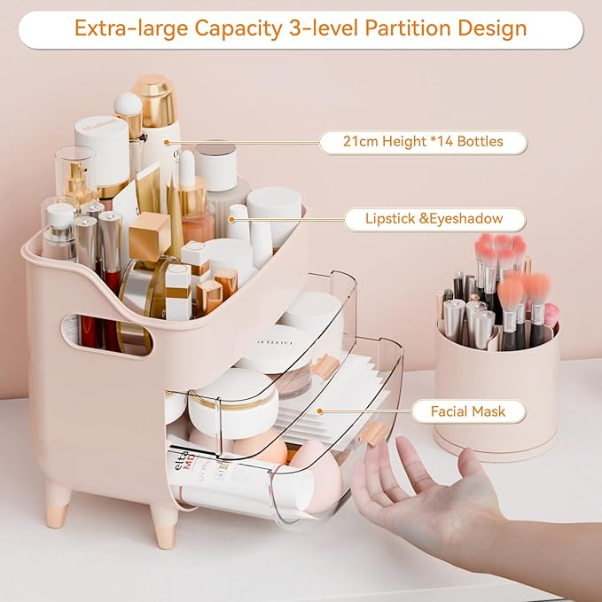 Yieach Pink Make up Organizer for Countertop,Vanity,Large Capacity Bathroom Makeup Skincare Organizers With Brush Holder,Makeup Storage Organizer for Lotion,Beauty Products,Skin Care,Makeup Display