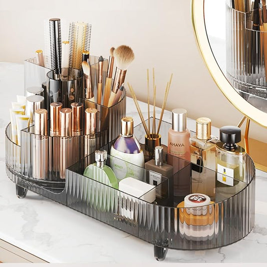Rotating Makeup Organizer for Vanity with Brush Holder, Transparent Black