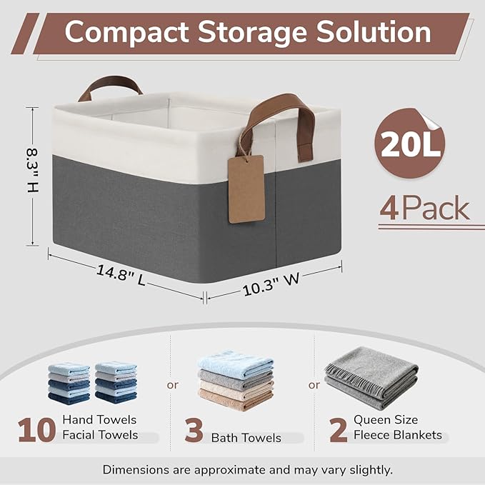 CHICVITA 4 Pack Storage Baskets for Shelves, Closet Organizers and Storage Bins with Handles, Fabric Toy Bins for Nursery Living Room, 14.8" x 10.3" x 8.3", Gray & White