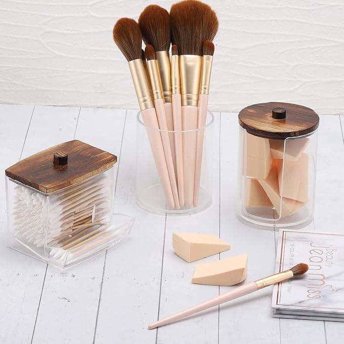 Bathroom Organizer Accessories Set-10 OZ Qtips Holder Storage with Wood Lids