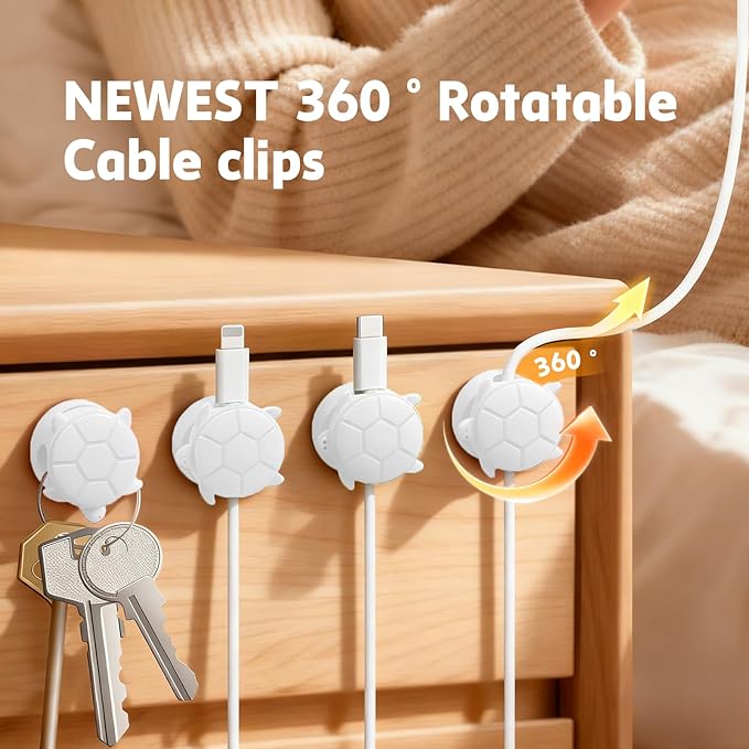 Lancord 8 Pack Rotatable Cable Clips, Cord Organizer Spring Clip Cord Holder for Nightstand Cable Holders for Cords Charging Cable Organizers Cable Management for Desk Office Car Wall (White)
