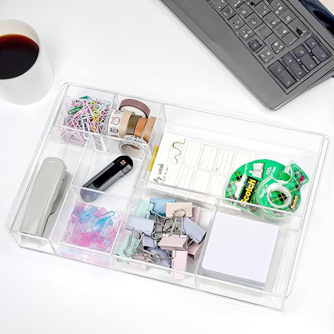 8-Section Clear Drawer Organizer, Large Acrylic Drawer Divider Tray for Desk