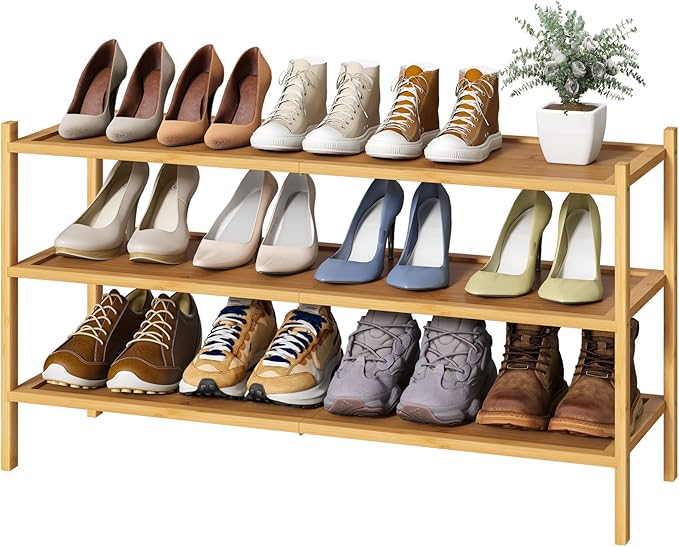 kiplant Long Shoe Rack, Bamboo Wood 3-Tier Shoe Rack for Entryway, Stackable | Foldable | Natural, Shoe Organizer for Hallway Closet, Free Standing Shoe Racks for Indoor Outdoor