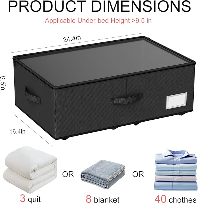 Under Bed Storage with Wheels,Under Bed Shoe Storage Organizers,Underbed Storage Bins,Rolling Under the Bed Storage Containers for Shoes Clothes in Dorm Bedroom,2 Pack（Black）