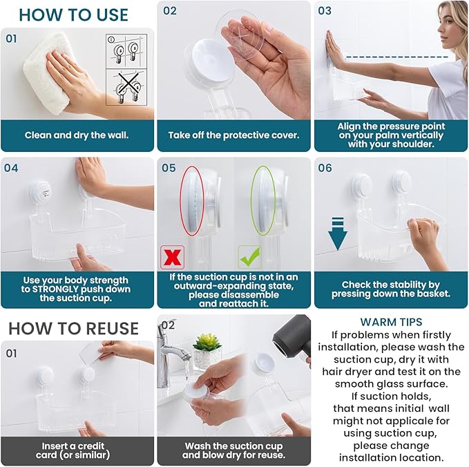 Shower Caddy Suction Cup 2 Pack, Heavy Duty Bathroom Organizer, Frosted Clear