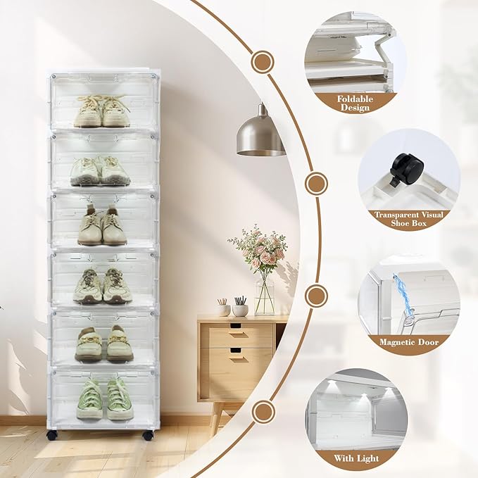 SAYMA LED Shoe Storage Box, Clear Shoe Storage Organizer with Magnetic Door, Stackable Plastic Shoe Cabinet with Wheels, Foldable Shoe Rack for Closet, Easy Assembly Shoe Cabinet for Entryway