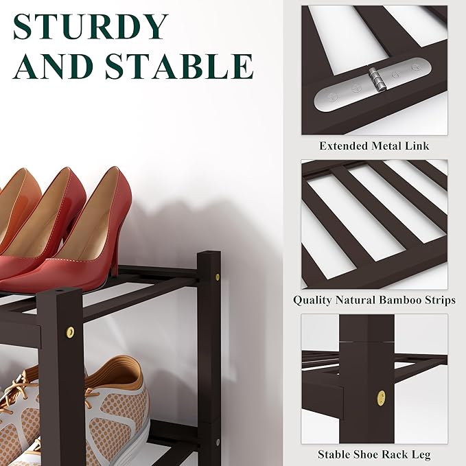 Smiry Bamboo Shoe Rack for Closet, 4 Tier Wooden Shoe Organizer, Stackable Wood Shoe Storage Shelf for Entryway, 14 Vertical Slats, 2+2 Stack Heavy-Duty Legs, 26.77"x11.02"x25.98", Brown