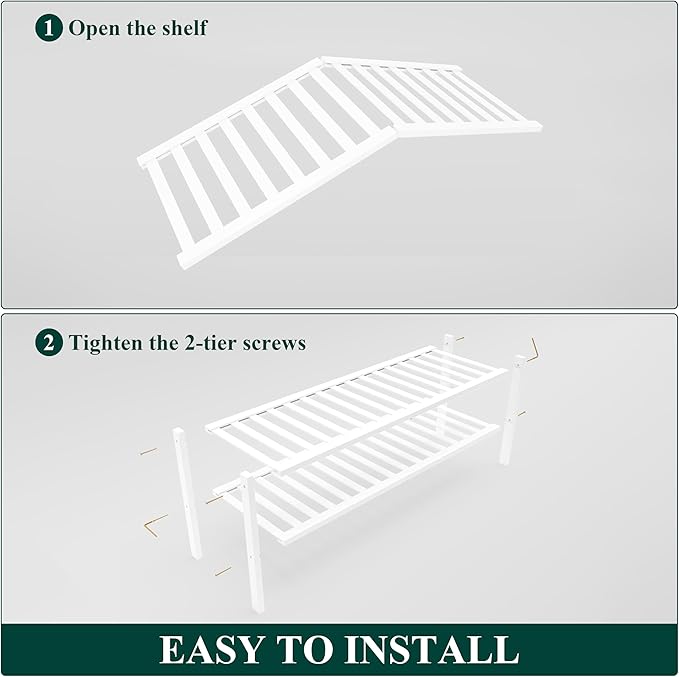 Smiry Bamboo Shoe Rack for Closet, 2 Tier Long Wooden Shoe Organizer, Stackable Wood Shoe Storage Shelf for Entryway, 14 Vertical Slats, One-piece Heavy-Duty Legs, 33.86"x11.02"x12.99", White